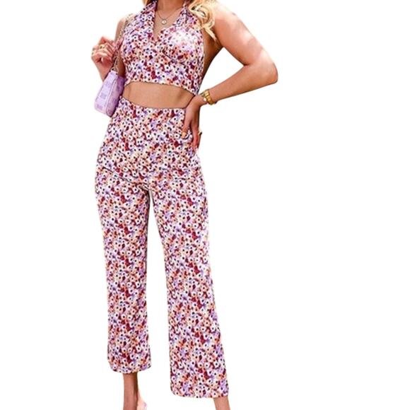 SHEIN Ditsy Floral Cropped Halter Top & Pants Set - Picture 1 of 11